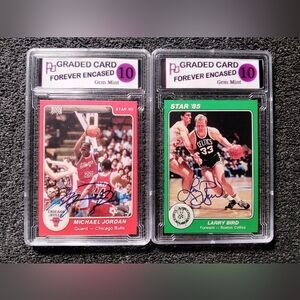 Michael Jordan & Larry Bird HOF Autograph Basketball Rookie Card Set. Graded 10